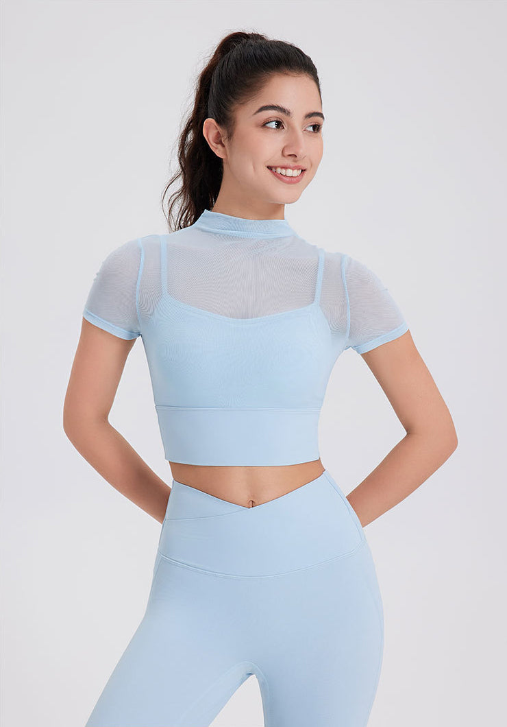 Mesh Fitness Crop T-Shirts with Built-in Chest Pad