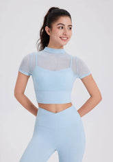 Mesh Fitness Crop T-Shirts with Built-in Chest Pad