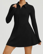 Long Sleeve Zip Polo Collar Tennis Dress with Built in Short