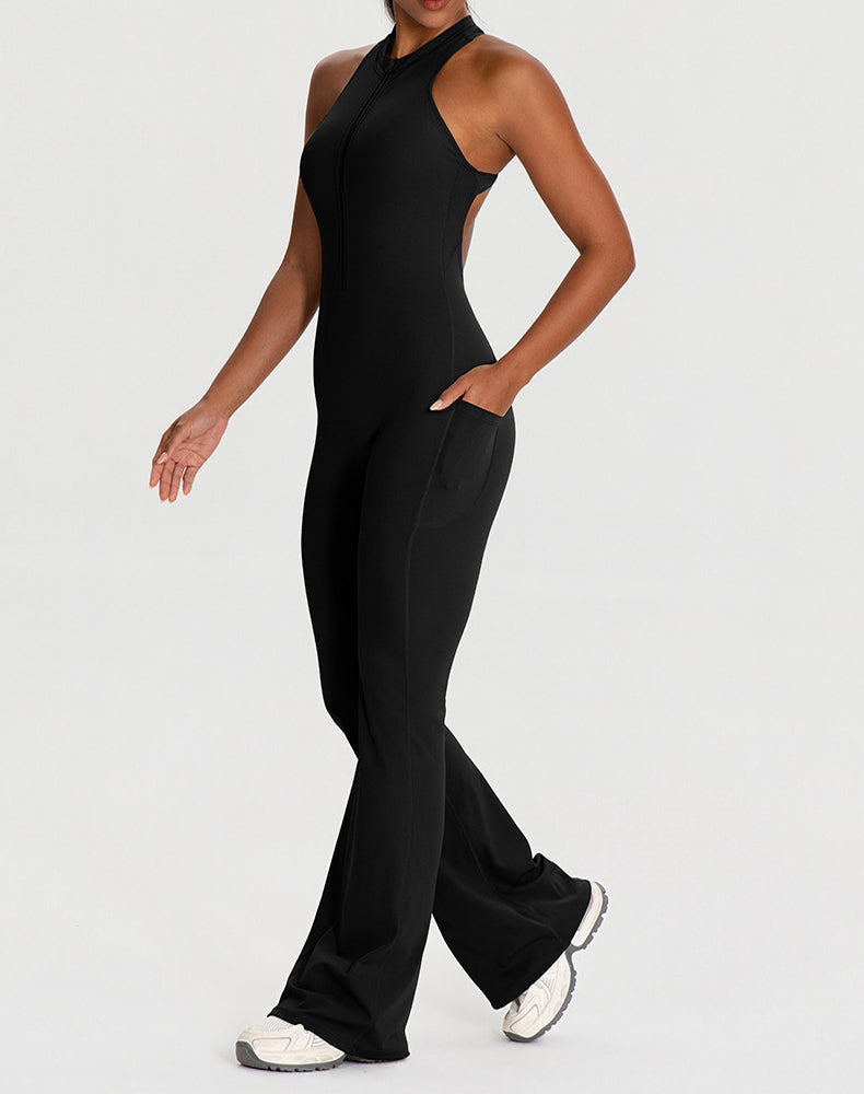 Zipper Racerback Yoga Bodysuit Flare Jumpsuit with Pockets