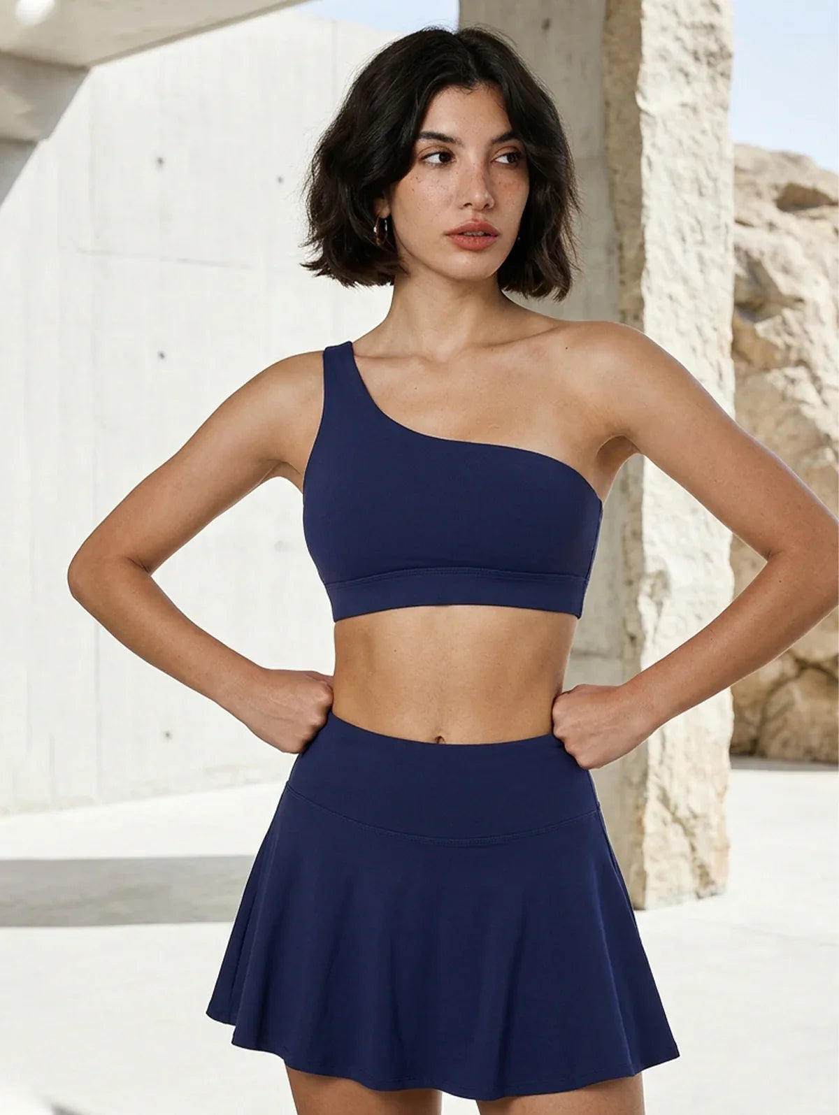 Sport Wear Set with One Shoulder Strap Bra and Skirt -