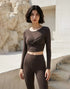 Mesh Twist Front Long Sleeve T-Shirts Round Neck Crop Tops -