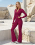 Long Sleeve Flare Workout Jumpsuit Zip Up Wide Leg Bodysuit -
