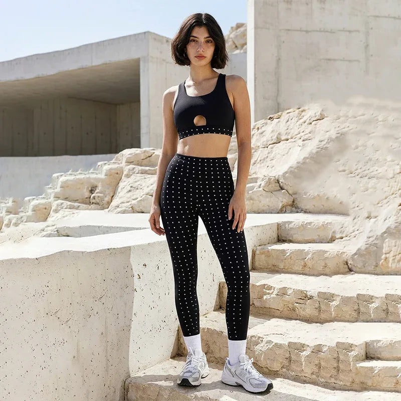 White Polka Dot Black Activewear Set with Bra and Legging