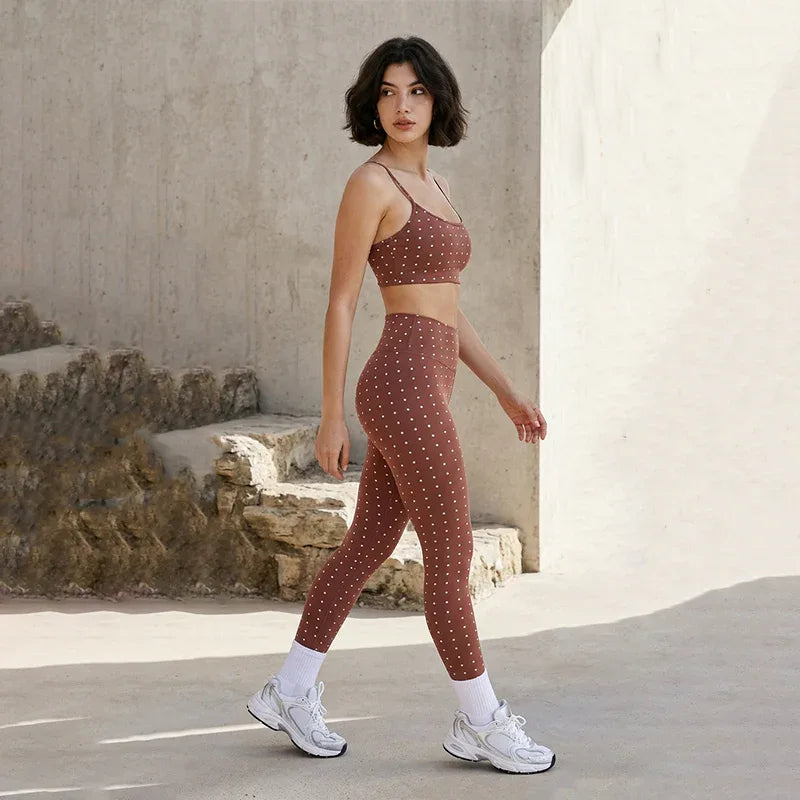 Silver Polka Dot Activewear Sets with Sports Bra and Legging -