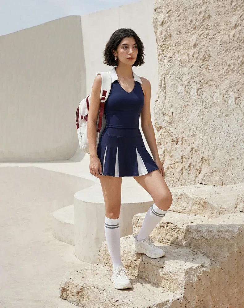 Colorblock Tennis Golf Sets with Polo Collared Top and Skirt