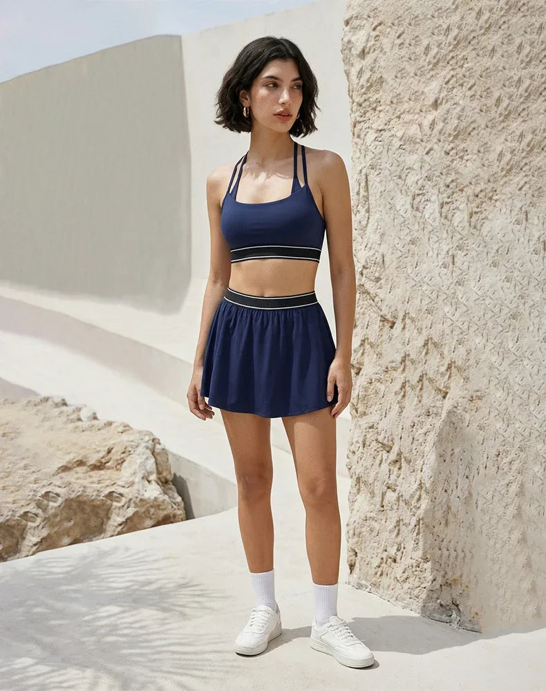 Tennis Sets with Halter double straps Sports Bra and Skirt