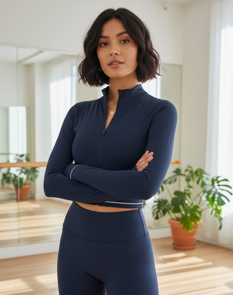 Zip Up Crop Jacket Cropped Long Sleeve Athletic Tops