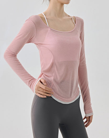 Slim Fit Contrasting Color Long Sleeves Mesh Yoga Shirt