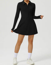 Long Sleeve Zip Polo Collar Tennis Dress with Built in Short
