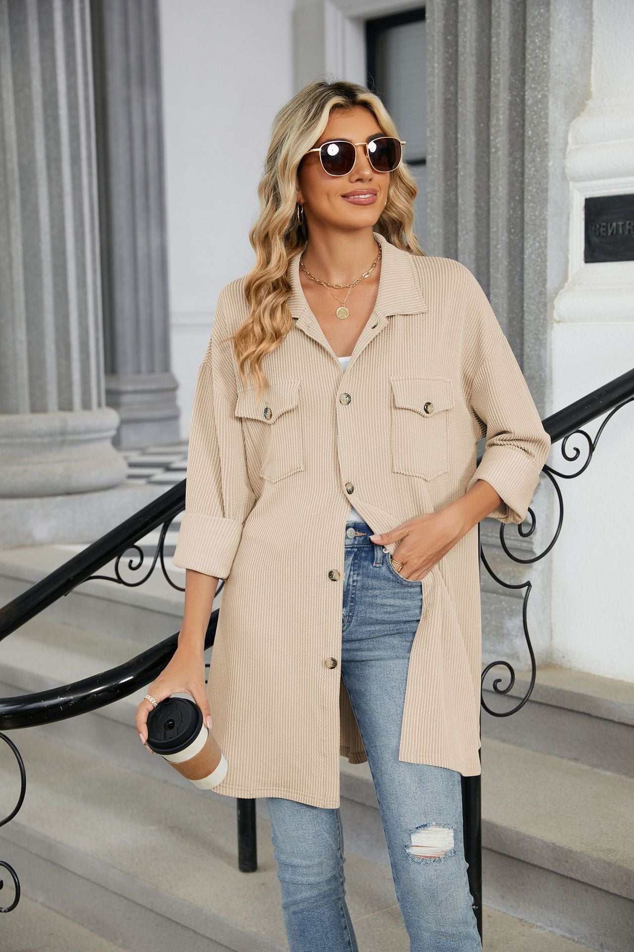 Casual Long Sleeve Jacket with Chest Pockets| Ideal for Layering