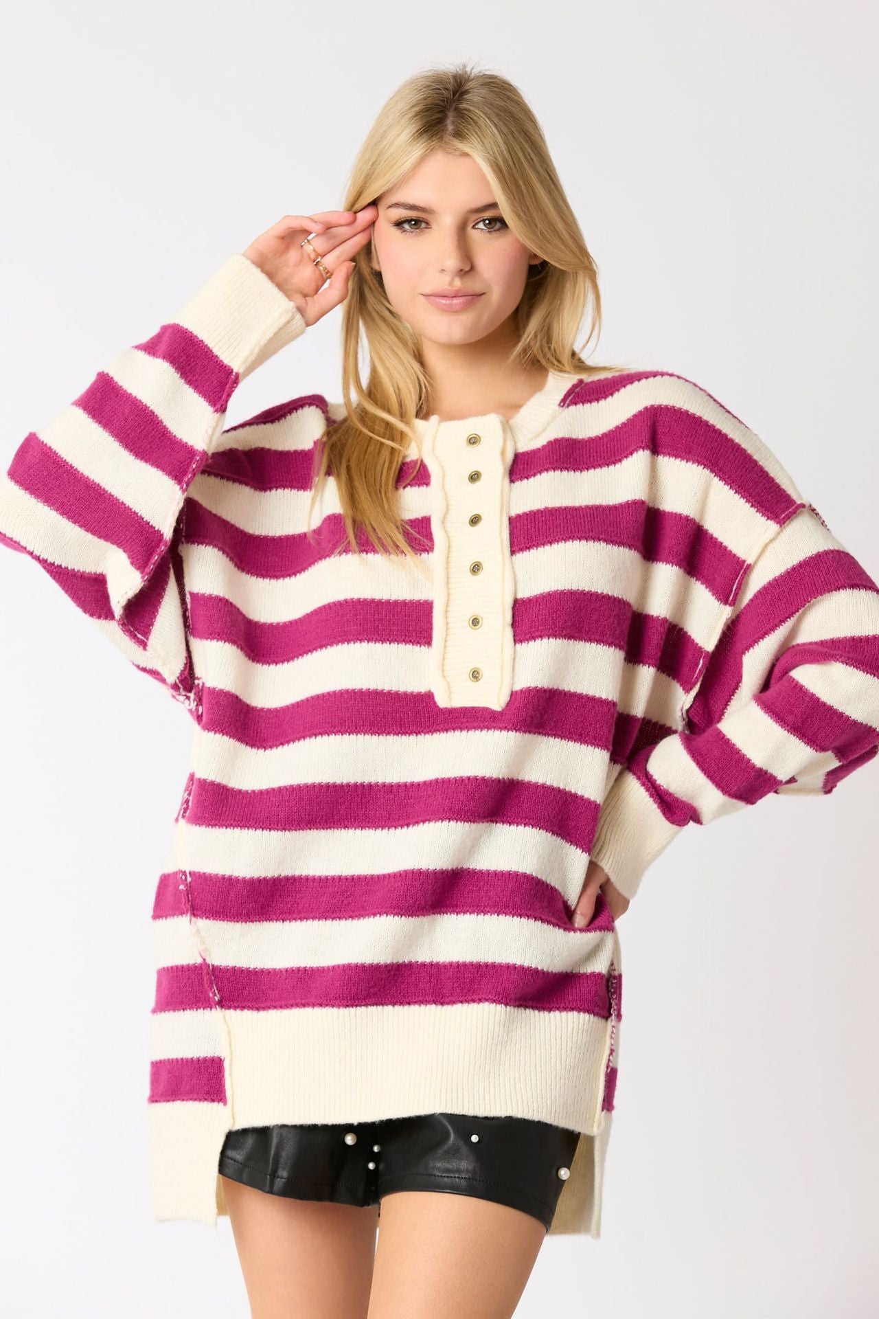 Long Sleeve Button Striped Pullover Sweater | Stylish &amp; Versatile