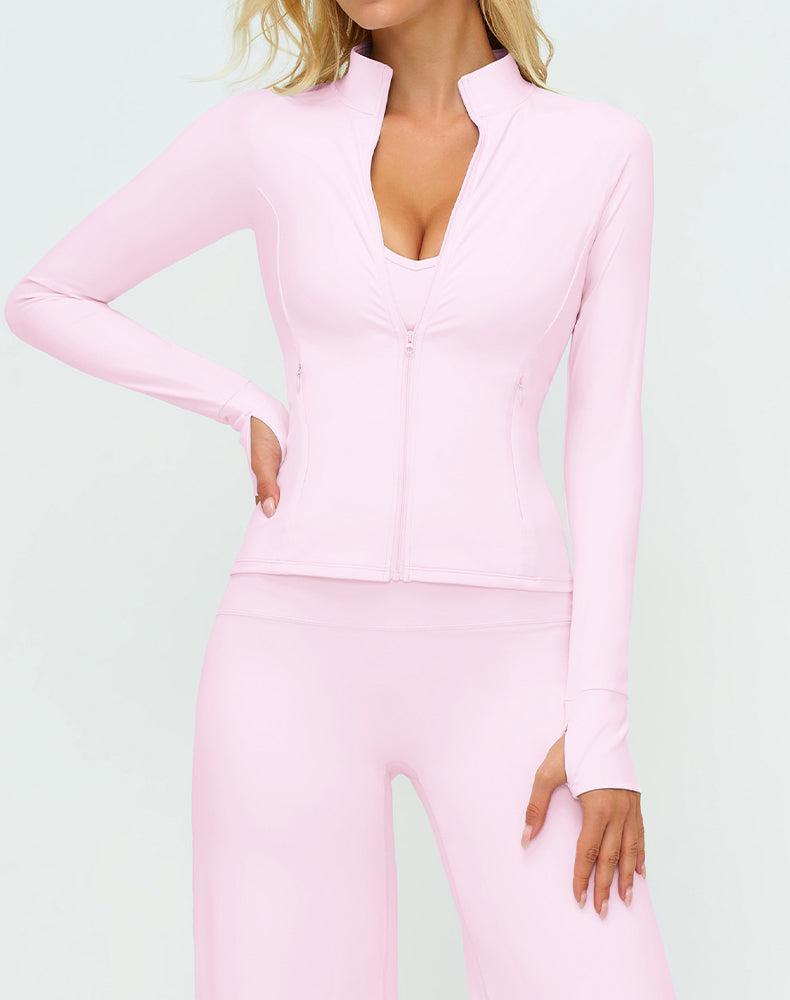 Cropped Athletic Jacket with Pockets and Thumb Holes