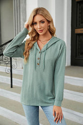 Button Hooded Sweatshirt Loose Long Sleeve Casual Tops