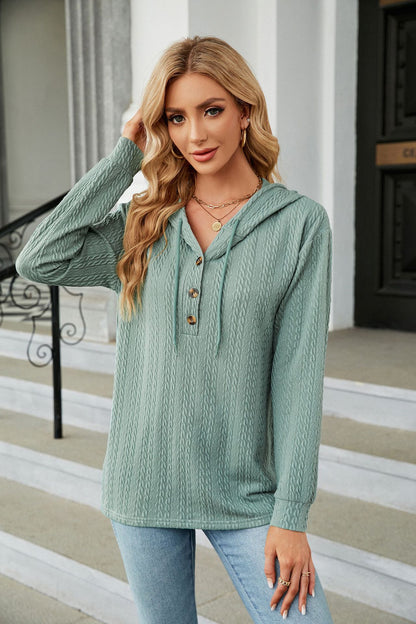 Button Hooded Sweatshirt Loose Long Sleeve Casual Tops