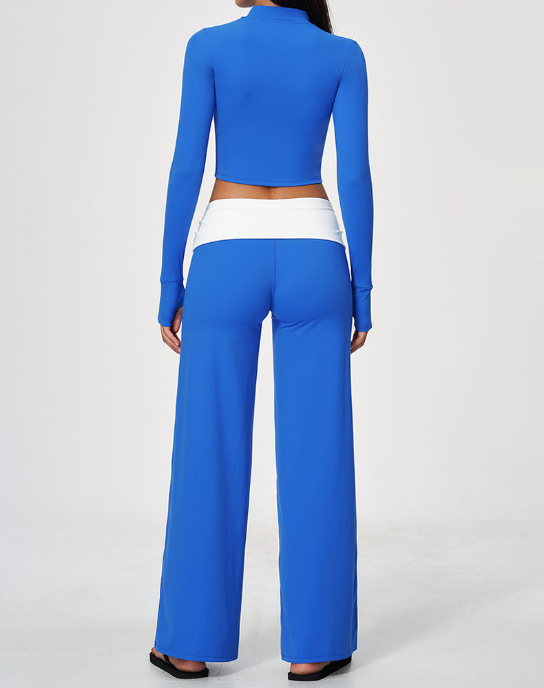3 Piece Sports Bra Cropped Jacket and Fold Over Flare Pant