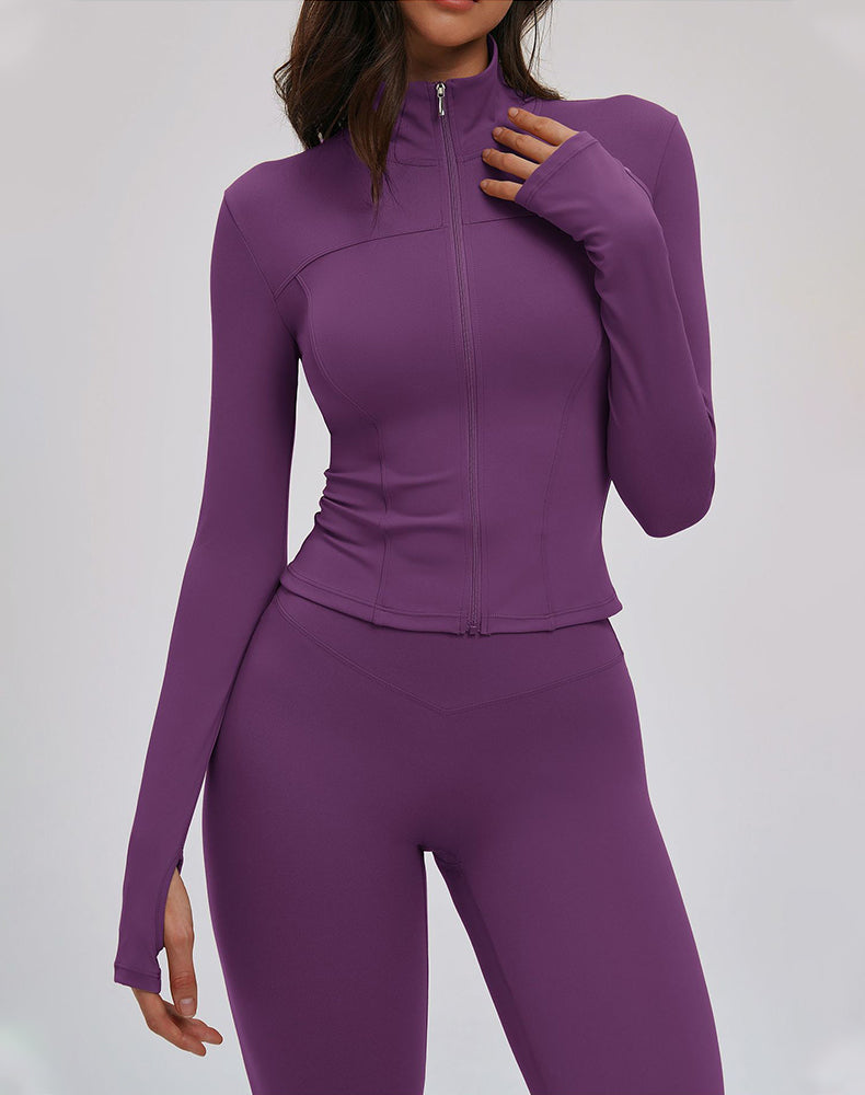 Cropped Jacket Zip Slim Fit Athletic Tops with Thumb Holes