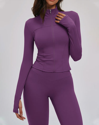 Cropped Jacket Zip Slim Fit Athletic Tops with Thumb Holes