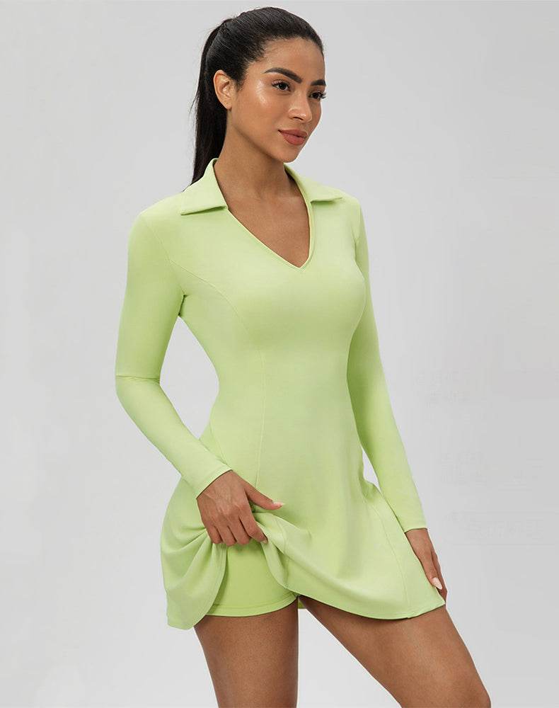 Long Sleeve V Neck Tennis Dress Black / XL