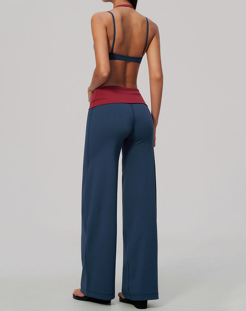 2 Piece Color Block Sports Bra and Fold Over Flare Pant Sets