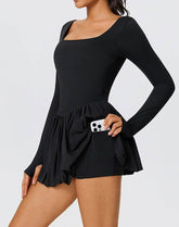 Long Sleeve Pleated Tennis Dress with Short and Pocket