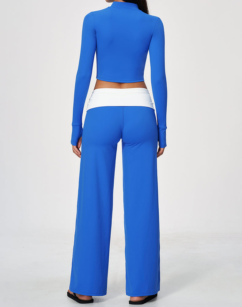 2 Piece Full Zip Cropped Jacket and Fold Over Flare Pant