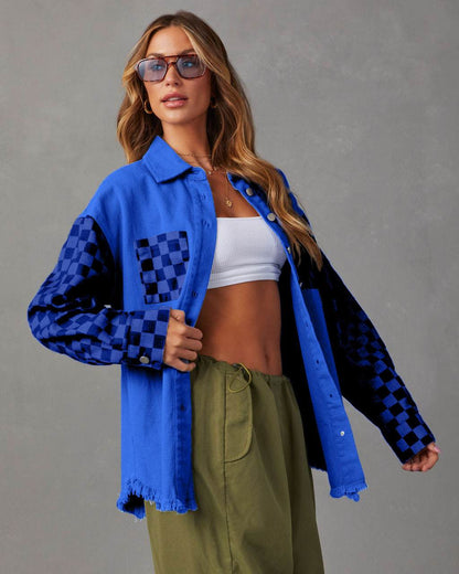 Button Down Color Block Checkered Denim Shirt | Trendy &amp; Casual Style