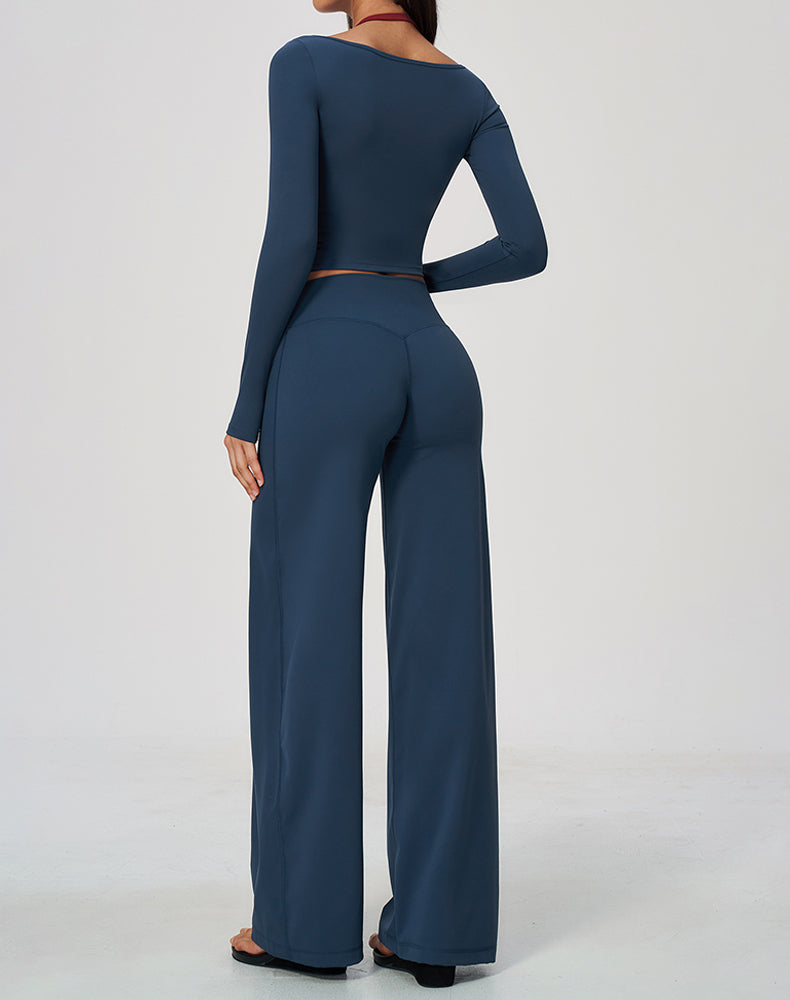 2 Piece Long Sleeve Sports T-Shirt and Wide Leg Pant