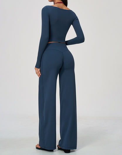 2 Piece Long Sleeve Sports T-Shirt and Wide Leg Pant