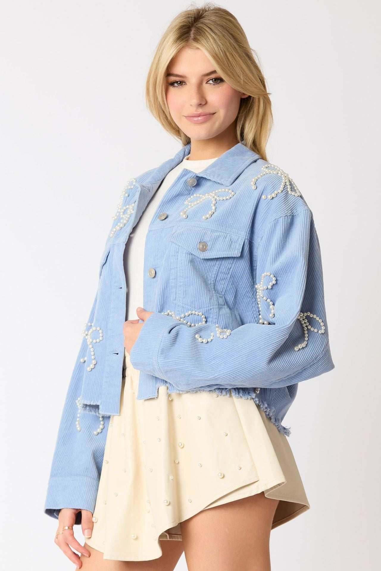 Pearl Bow Cropped Corduroy Jacket | Chic &amp; Trendy Layering Piece