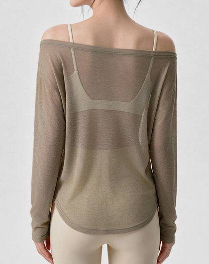 Off Shoulder Long Sleeve Sheer Mesh Yoga Tops