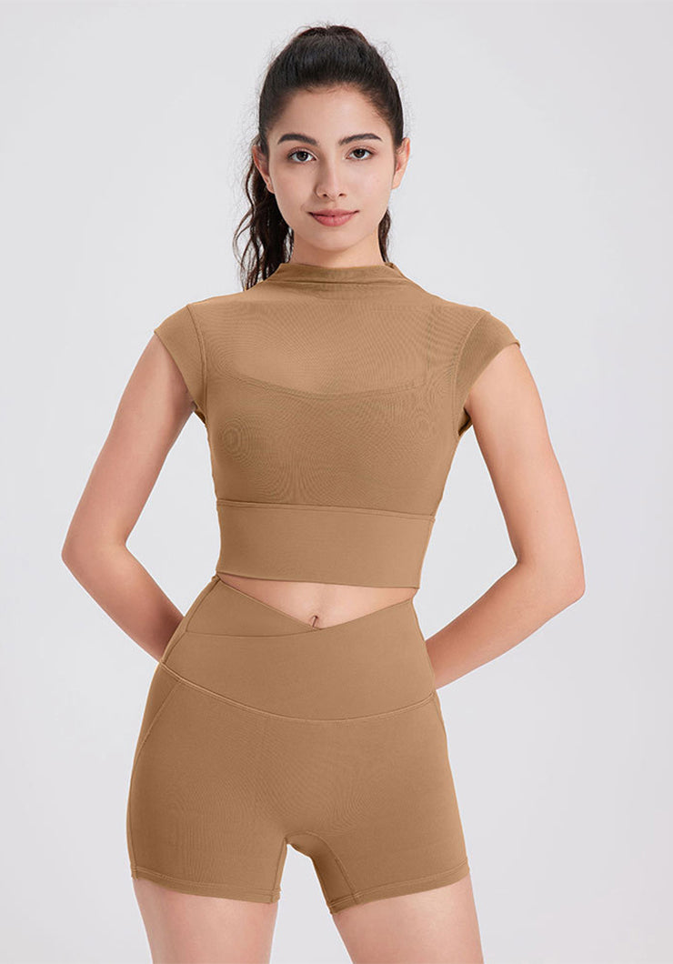 Mesh Yoga Crop T-Shirts with Built-in Chest Pad