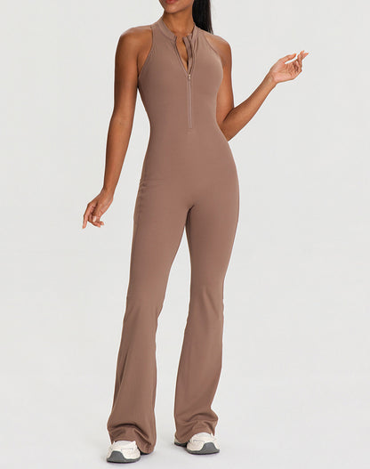 Zipper Racerback Yoga Bodysuit Flare Jumpsuit with Pockets