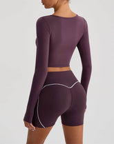 Solid Color Crop Top Yoga Long Sleeve V Neck T-Shirts