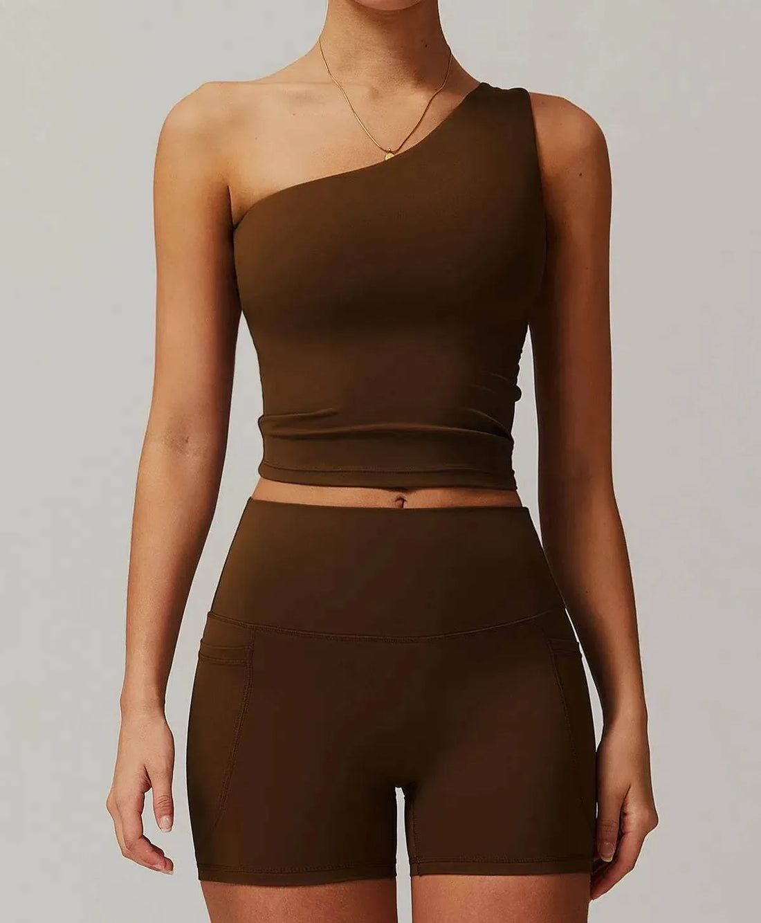 Solid One Shoulder Yoga Tank Top - Birch Brown