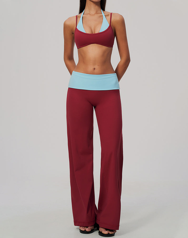 2 Piece Color Block Sports Bra and Fold Over Flare Pant Sets