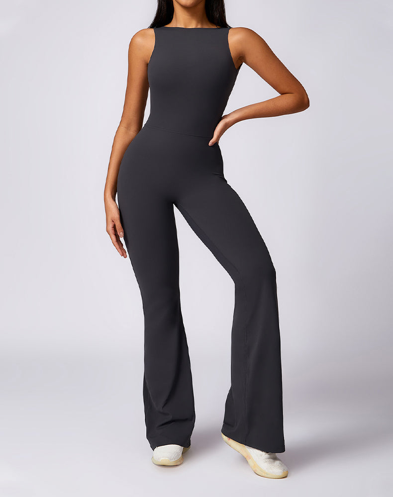 Backless Yoga Flare Jumpsuit Sleeveless Workout Romper