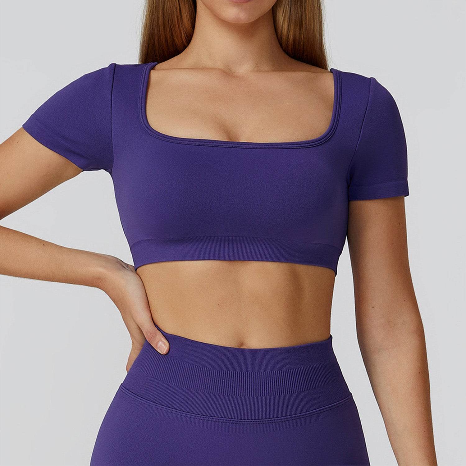 Short Sleeve Crop Top Yoga T-Shirt with Built in Bra