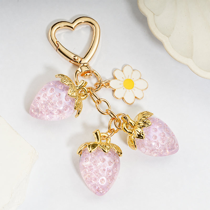 Cute Strawberry Keychain Bag Charm with Flower