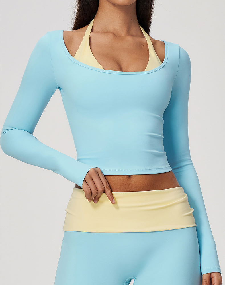 Faux Two Piece Color Block Long Sleeve Sports T-Shirts