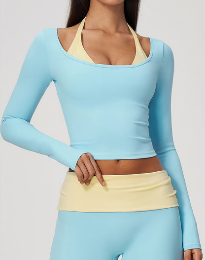 Faux Two Piece Color Block Long Sleeve Sports T-Shirts