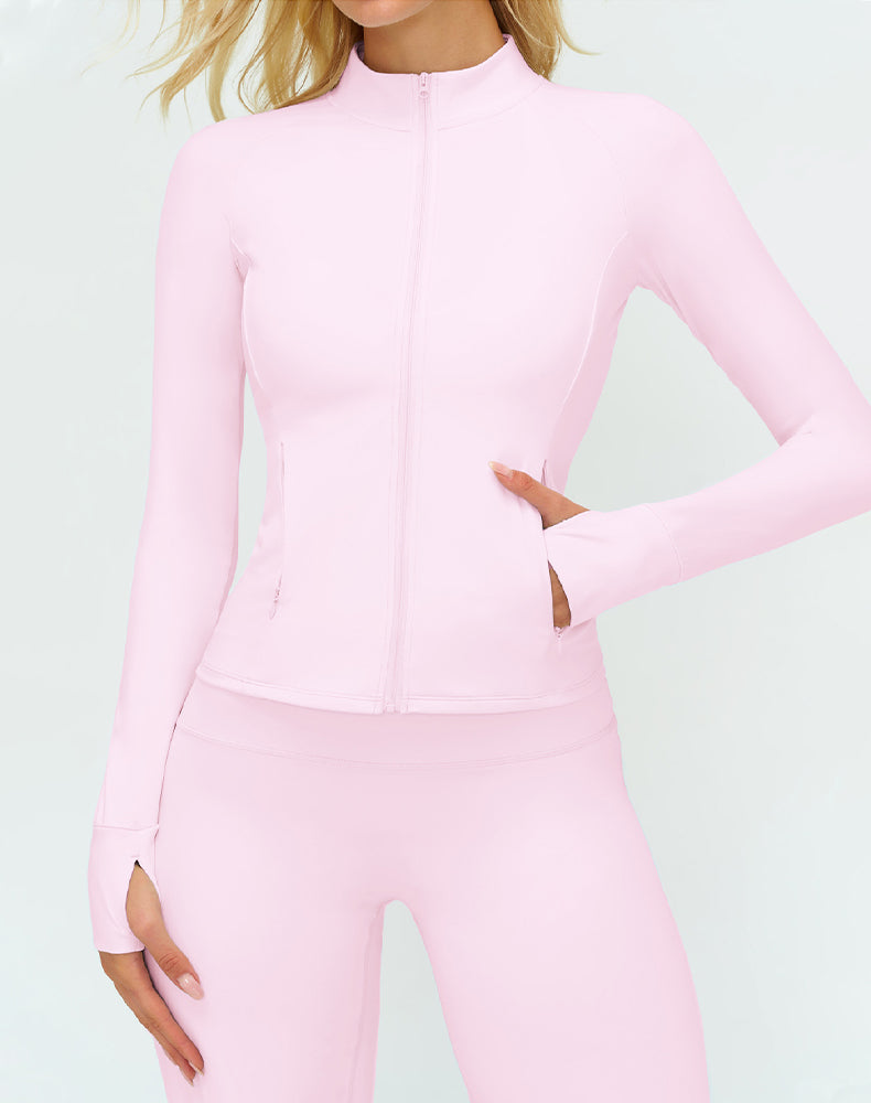 Cropped Athletic Jacket with Pockets and Thumb Holes