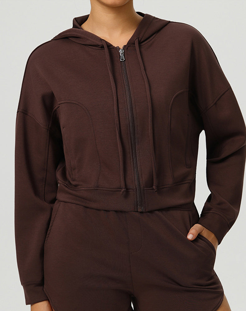 Long Sleeve Hooded Zip Up Casual Crop Coat with Pockets