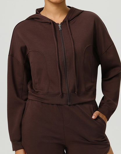 Long Sleeve Hooded Zip Up Casual Crop Coat with Pockets