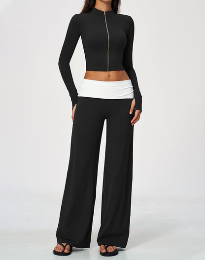 2 Piece Full Zip Cropped Jacket and Fold Over Flare Pant