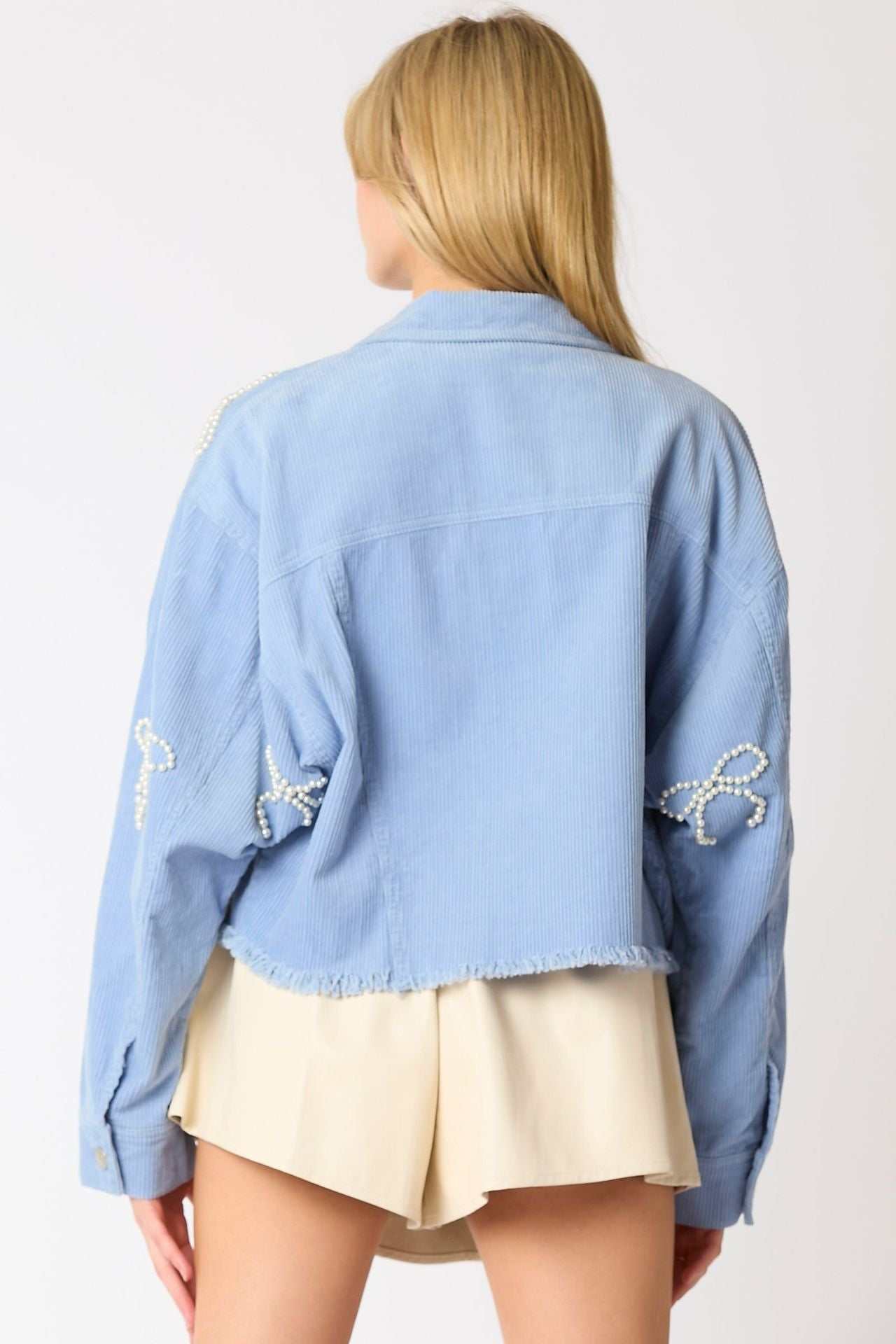 Pearl Bow Cropped Corduroy Jacket | Chic &amp; Trendy Layering Piece