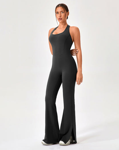 Halter Neck Flare Jumpsuit One Piece Side Split Yoga Rompers
