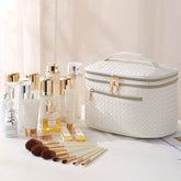 Large Portable Double Layer Makeup Bag Leather Cosmetic Bag