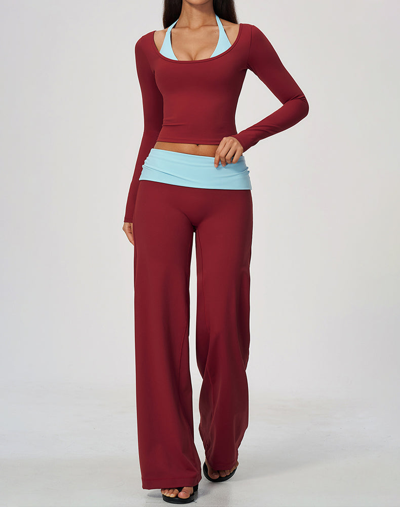 2 Piece Long Sleeve Sports T-Shirt and Fold Over Flare Pant