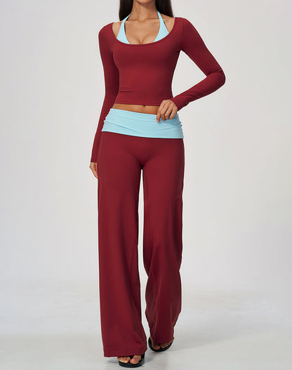 2 Piece Long Sleeve Sports T-Shirt and Fold Over Flare Pant